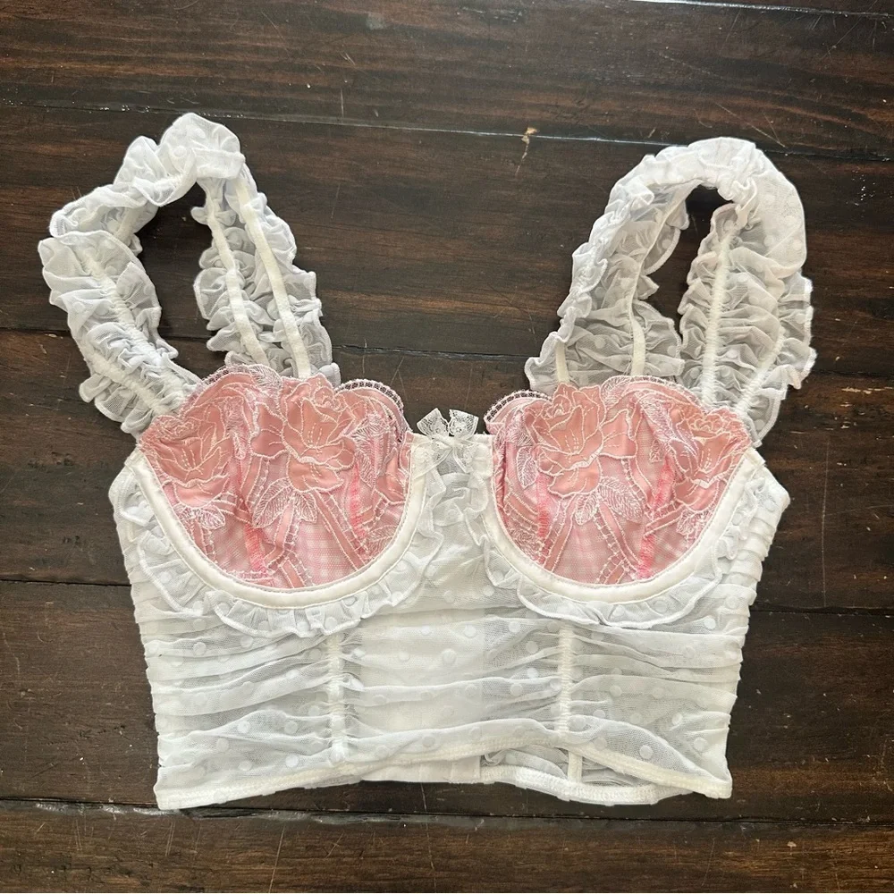 New! For Love And Lemons Tawny White and Pink Lace Crop Top 51427_2